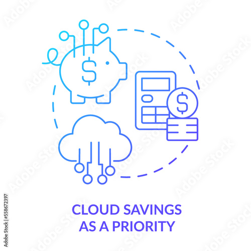 Cloud savings as priority blue gradient concept icon. Cutting out costs. Manage expenses. Profitable abstract idea thin line illustration. Isolated outline drawing. Myriad Pro-Bold font used