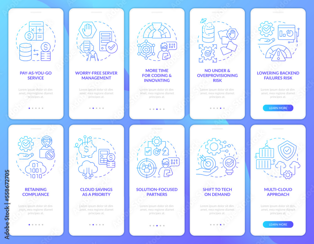 Naklejka premium Digital cloud trends blue gradient onboarding mobile app screen set. Walkthrough 5 steps graphic instructions with linear concepts. UI, UX, GUI template. Myriad Pro-Bold, Regular fonts used