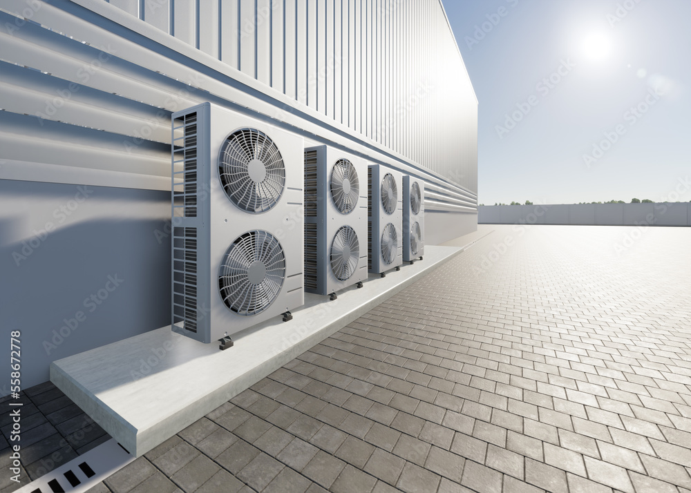 3d rendering of condenser unit or compressor outside factory plant
