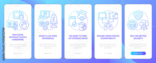 Cloud gaming benefits blue gradient onboarding mobile app screen. AR, VR walkthrough 5 steps graphic instructions with linear concepts. UI, UX, GUI template. Myriad Pro-Bold, Regular fonts used