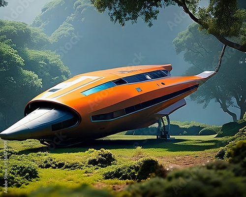 An orange spaceship on a clearing in the forest, sun shining, created with Generative Ai