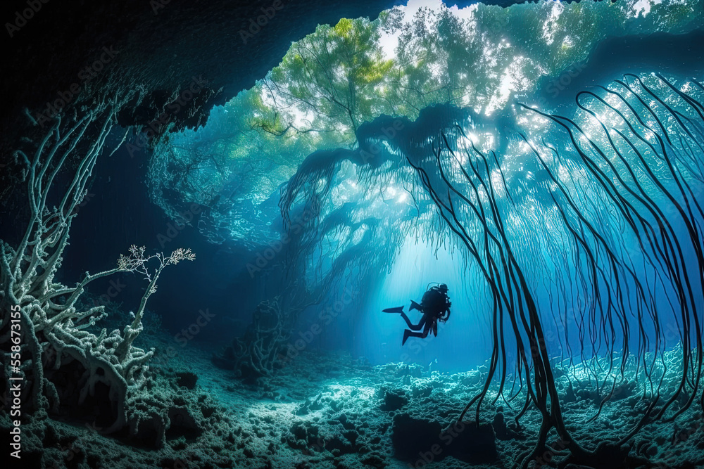 Obraz premium Mexico's Cenote Angelita, cave diving, extreme underwater experience, and underwater fogscape. Generative AI