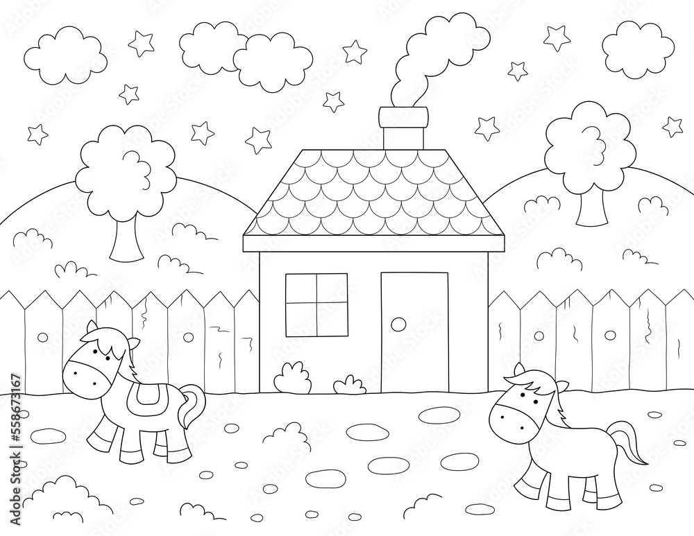 house, horses and stars coloring page for kids Stock Illustration ...