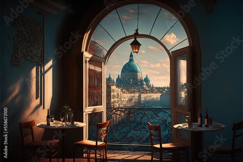 Foto a room with a view of a city and a table with chairs and a bottle of wine on it and a lamp hanging from the ceiling over the room with a view of the city