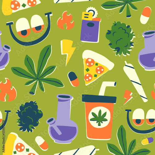 Funky Cartoon Stoned Eyes Medical Cannabis Seamless Vector Pattern Illustration for Marijuana Dispensary Store or Textile Products.