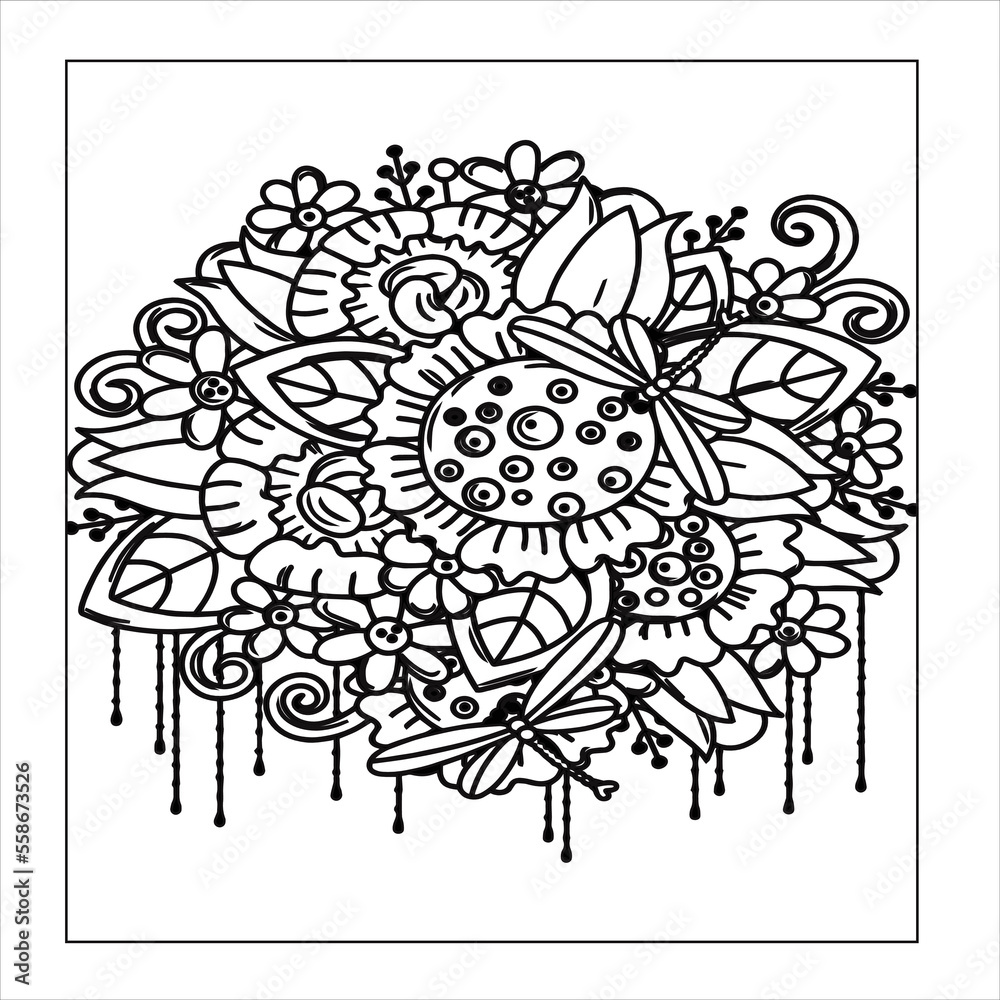 Doodle floral pattern in black and white. Page for coloring book: very interesting and relaxing job for children and adults. Zentangle drawing. Flower carpet in magic garden Doodle floral pattern in black and white. Page for coloring book: very interesting and relaxing job for children and adults. Zentangle drawing. Flower carpet in magic garden