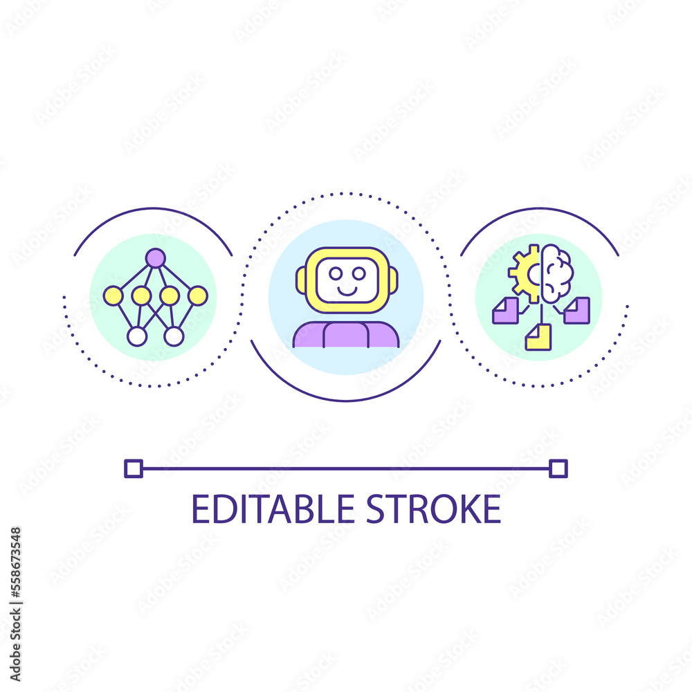 Artificial intelligence integration loop concept icon. Machine learning. Robotized service abstract idea thin line illustration. Isolated outline drawing. Editable stroke. Arial font used