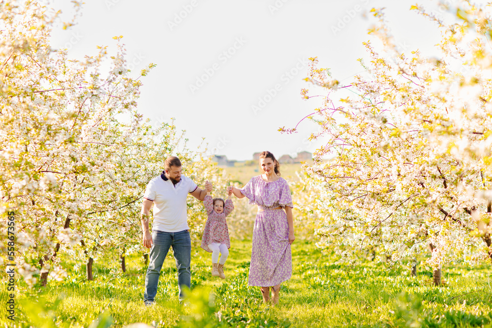 mom and dad with little daughter have fun and walk in a blooming spring garden. mom and dad with little daughter have fun and walk in a blooming spring garden.