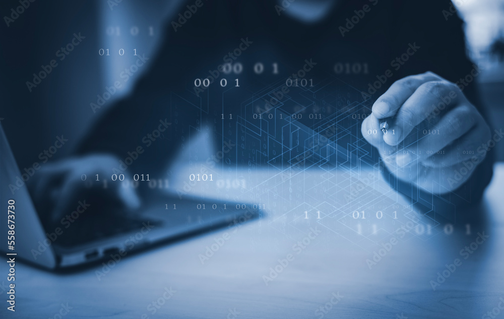 Fototapeta premium Businessman hand touch with Code html and programming on screen laptop,Programmer development Computer code,web design coding technology in software, digital software technology development, IoT