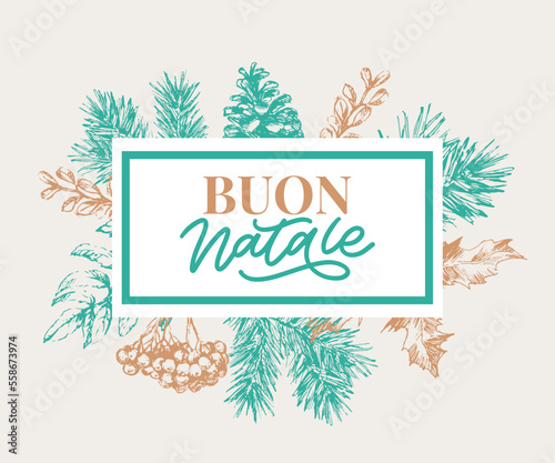 Christmas Buon Natale greeting card.Handwriting lettering in italian.Holiday lettering.New year template.Vintage vector typography design.