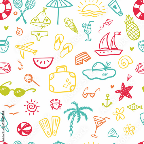 Vector  beach  summer pattern  hand-drawn in doodle style