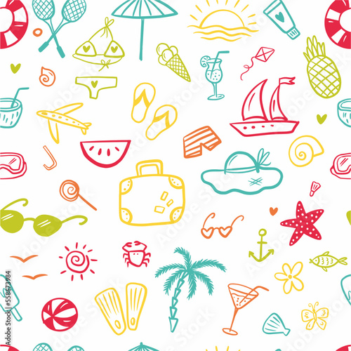 Vector, beach, summer pattern, hand-drawn in doodle style