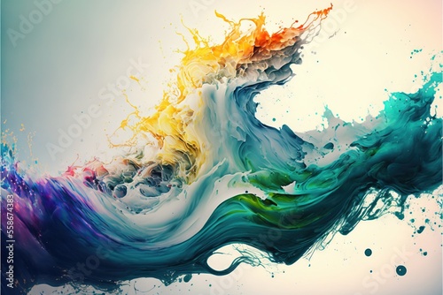 a multicolored wave of water with bubbles and bubbles on it s side  with a white background and a blue sky in the middle of the image is a light blue sky.