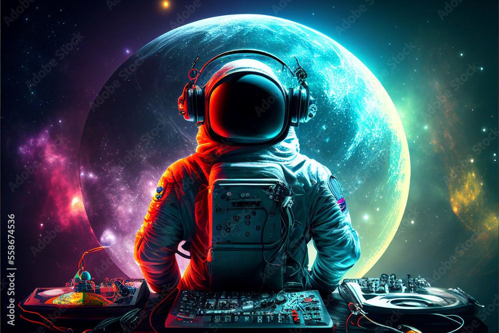 An astronaut in a DJ spacesuit in headphones stands behind the control