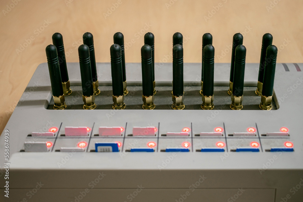 GSM gateway for ip telephony is a close-up. Many sim cards are inserted ...