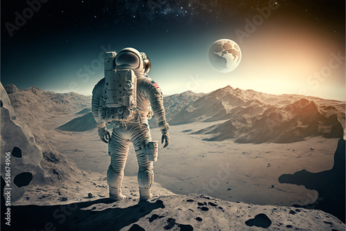 An astronaut in a spacesuit stands on the moon and looks at the planet Earth, the space landscape and the landscape of the lunar surface. View from the back. Generative AI