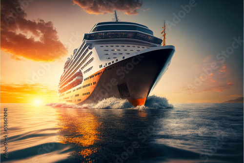 A large cruise liner ship sails on the waves in the ocean in the rays of sunset light, the concept of sea travel, front view.. Generative AI