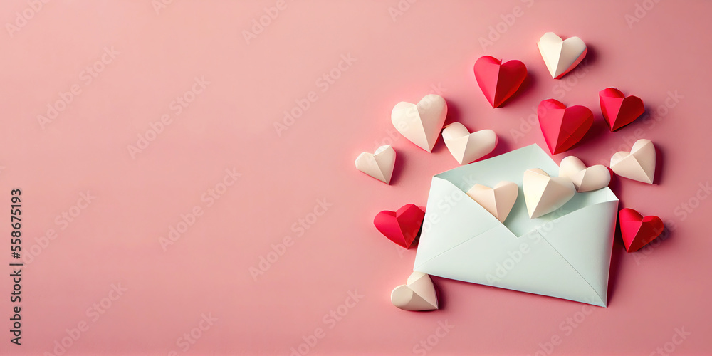 love letter envelope with paper craft hearts - flat lay on pink valentines or anniversary background with copy space - obrazy, fototapety, plakaty 