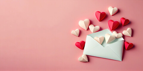 love letter envelope with paper craft hearts - flat lay on pink valentines or anniversary background with copy space