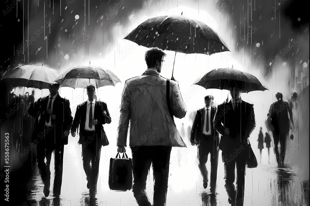 a man standing in the rain among painted people holding umbrellas walks across the street, black and white, illustration digital generative ai design art style