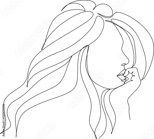 Beautiful woman face in continuous line art drawing style. Portrait of young woman with curly hair blowing in the wind. Minimalist black linear sketch isolated on white background. Vector illustration