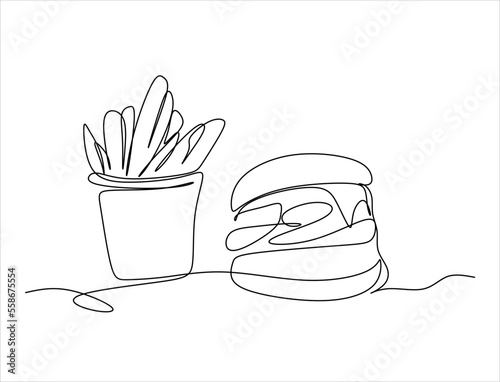 Burger, soda and french fries takeout food in continuous line art drawing style. Fast food minimalist black linear sketch isolated on white background. Vector illustration
