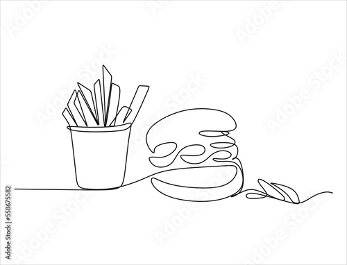 Burger, soda and french fries takeout food in continuous line art drawing style. Fast food minimalist black linear sketch isolated on white background. Vector illustration