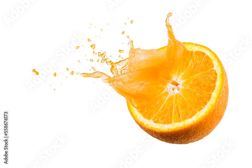 Cut orange slices with splash juice  isolated on white.