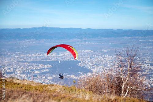 Paraglider at the start above the city of Sofia ,Bulgaria 