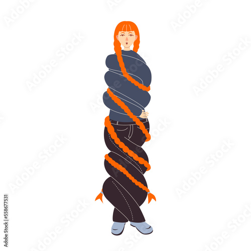 character, tangled, girl, spiral, twisted arms and legs, long braids, red hair