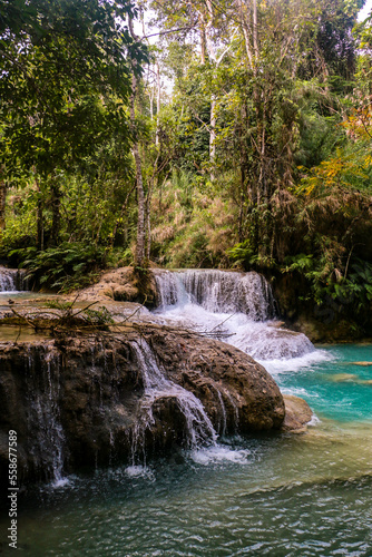 Beautiful Kuang Si Waterfall in Laos close to Luang Prabang. Paradise Asia Travel nature
