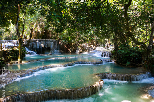 Beautiful Kuang Si Waterfall in Laos close to Luang Prabang. Paradise Asia Travel nature