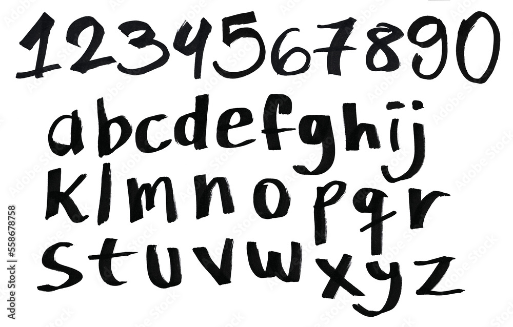 Handwritten alphabet and numbers with marker pen brush. 26 letters a to z. Writing with thick thickness, stripped and relaxed. Hand drawn, graphic resource, layout, design. Complete font, abc type. - obrazy, fototapety, plakaty 