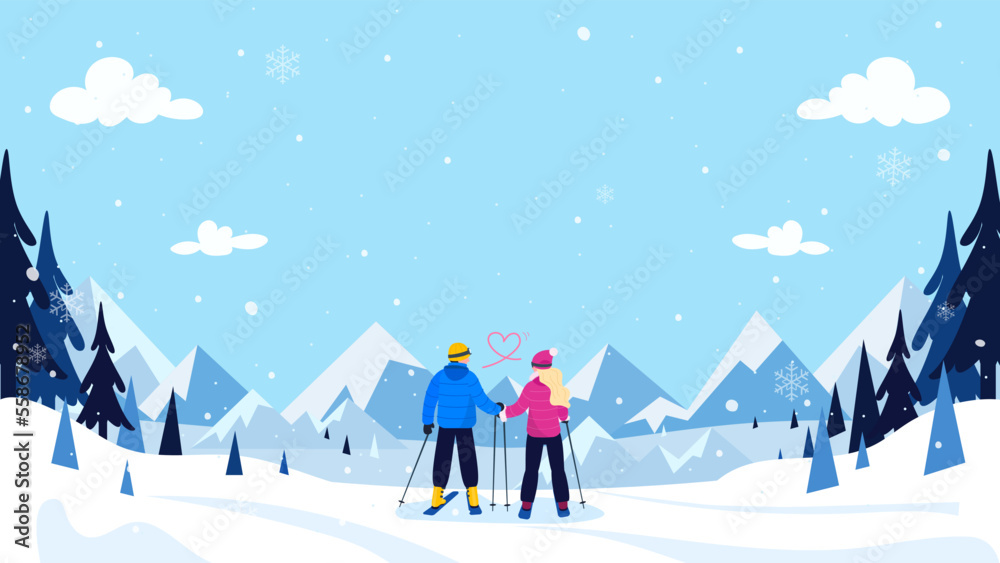 Winter background vector illustration. Loving couple skiing together and enjoying beautiful mountain landscape Winter background vector illustration. Loving couple skiing together and enjoying beautiful mountain landscape