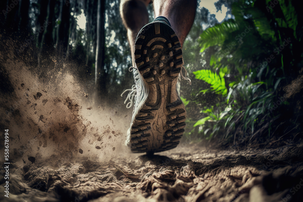 Close-up at the runner feet is running on the dirt route at the jungle ...