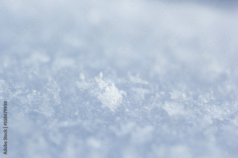 natural snowflakes on snow, photo of real snowflakes. Winter snow background. Snowflake close-up. Macro photo. Copy space.
