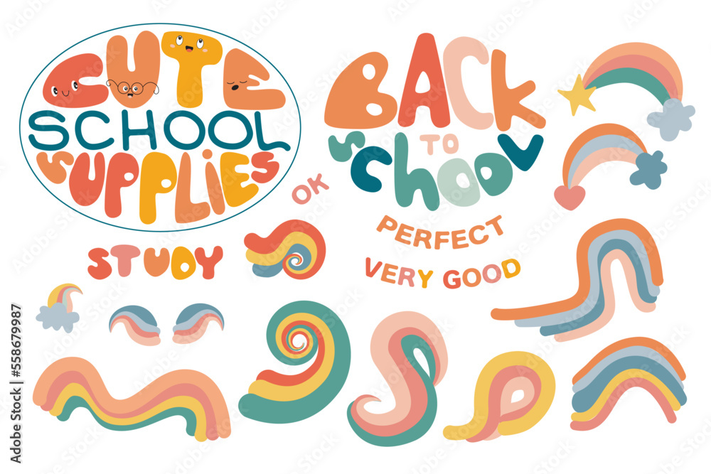 Cute School Supplies. Back to school. Study. Perfect. Very Good. Many Rainbows. Vector, kawaii