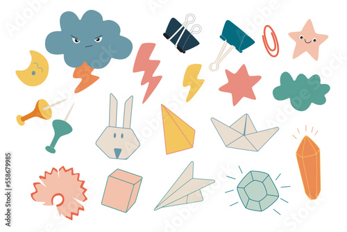 Sketch in notebooks. Paper ship, plane, rabbit.  Binders, buttons, paper clips. Stars, clouds, diamonds. Cute School Supplies. Vector, kawaii