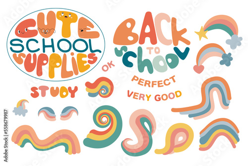Cute School Supplies. Back to school. Study. Perfect. Very Good. Many Rainbows. Vector, kawaii