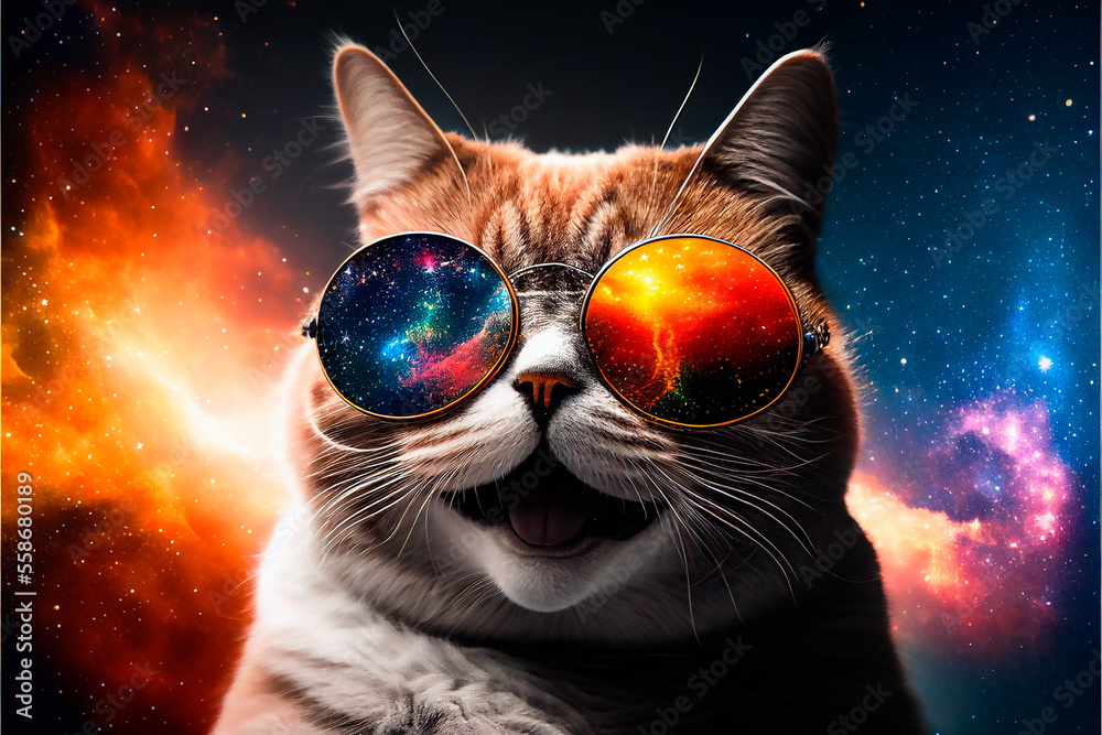 cat with stars in space sunglasses