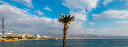 Panoramic view on public beaches in Eilat - Israeli southernmost and famous t...