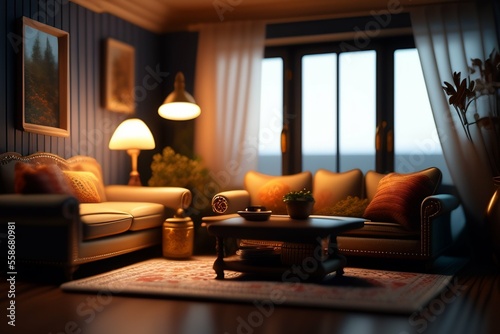 A realistic dollhouse living room,kitchen room and bed room luxury hyper realistic vintage cozy interior lighting © peacefy