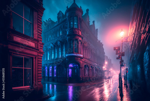 Wet night street of Old Victorian town in blue purple neon haze. Photorealistic Generative AI illustration in cyberpunk style. Gloomy urban scene.