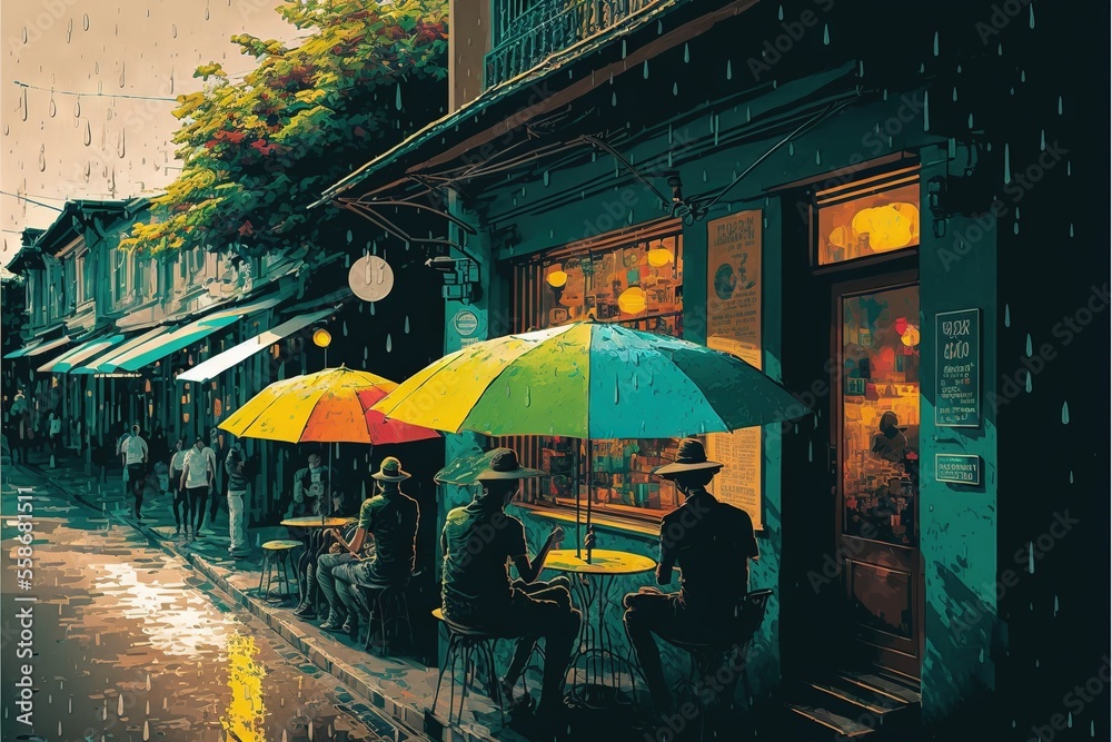 a painting of people sitting under umbrellas on a rainy day in the rain outside of a restaurant in a city with people sitting at tables under umbrellas on the sidewalk, and a rainy day.