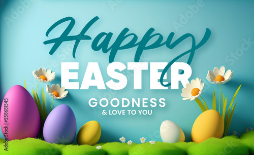 Happy Easter background with message, blue backround easter eggs and flowers scene photo