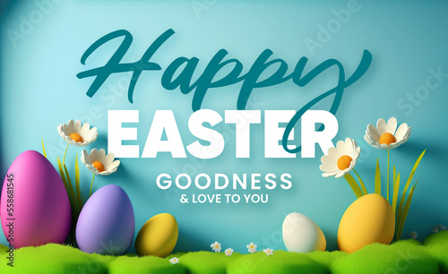 Happy Easter background with message, blue backround easter eggs and flowers scene