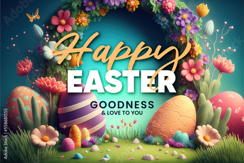 Happy Easter background with message, flower frame and easter eggs photo