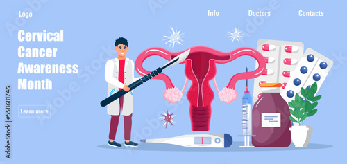 Cervical Cancer Awareness Month is celebrated in January in USA. Tiny doctor examine uterus with magnifier to treat cervical cancer.