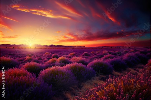 a field of purple flowers with a sunset in the background and a sky filled with clouds above it with a setting sun in the distance, with a few clouds and a few pink flowers in the foreground.
