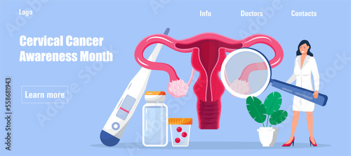Cervical Cancer Awareness Month is celebrated in January in USA. Tiny doctor examine uterus with magnifier to treat cervical cancer.